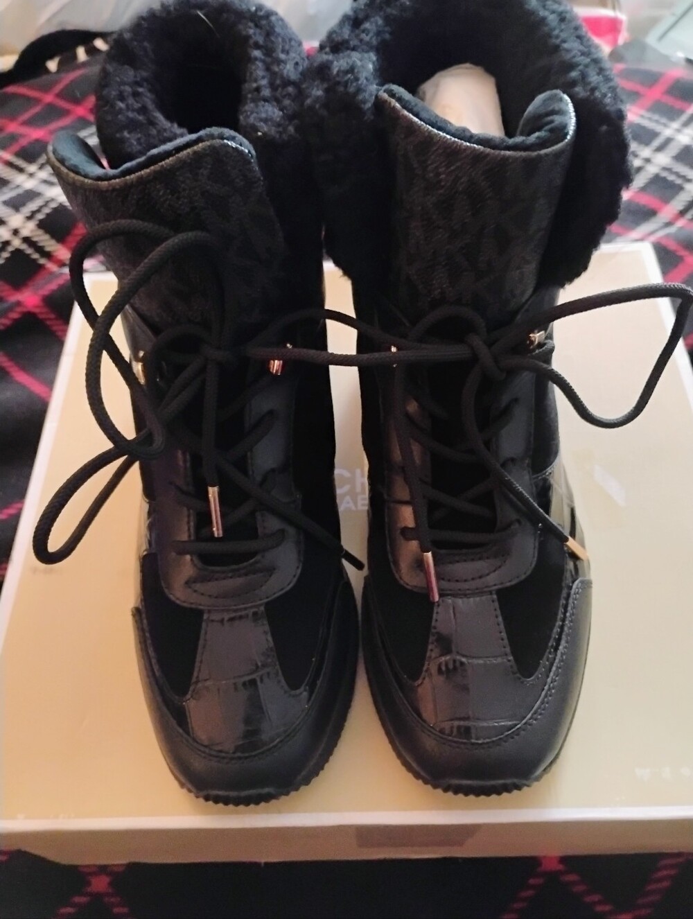 Women's Brand New Black And Gold Michael Kors Liv Wedge Ankle Bootie U.S. Size 9